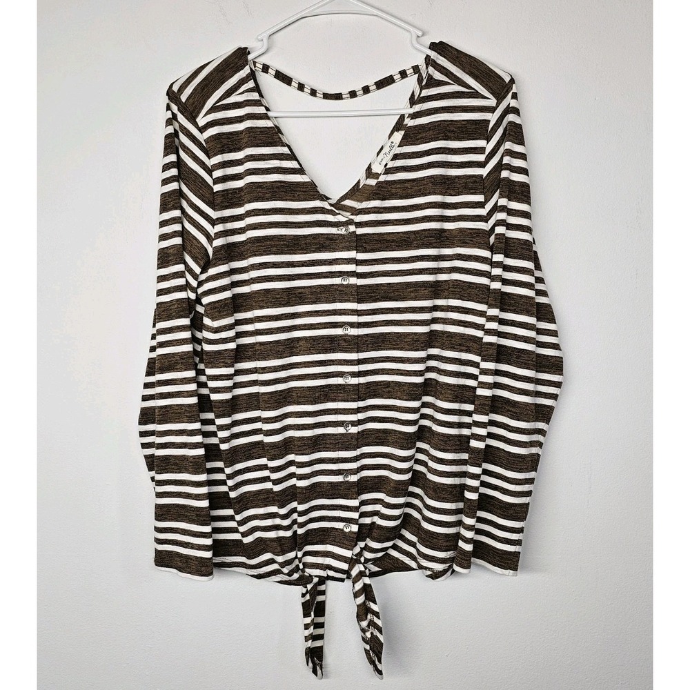 Women's L/XL White Brown Striped Button Front V-Neck  Sleeve ‎ Blouse With Tie